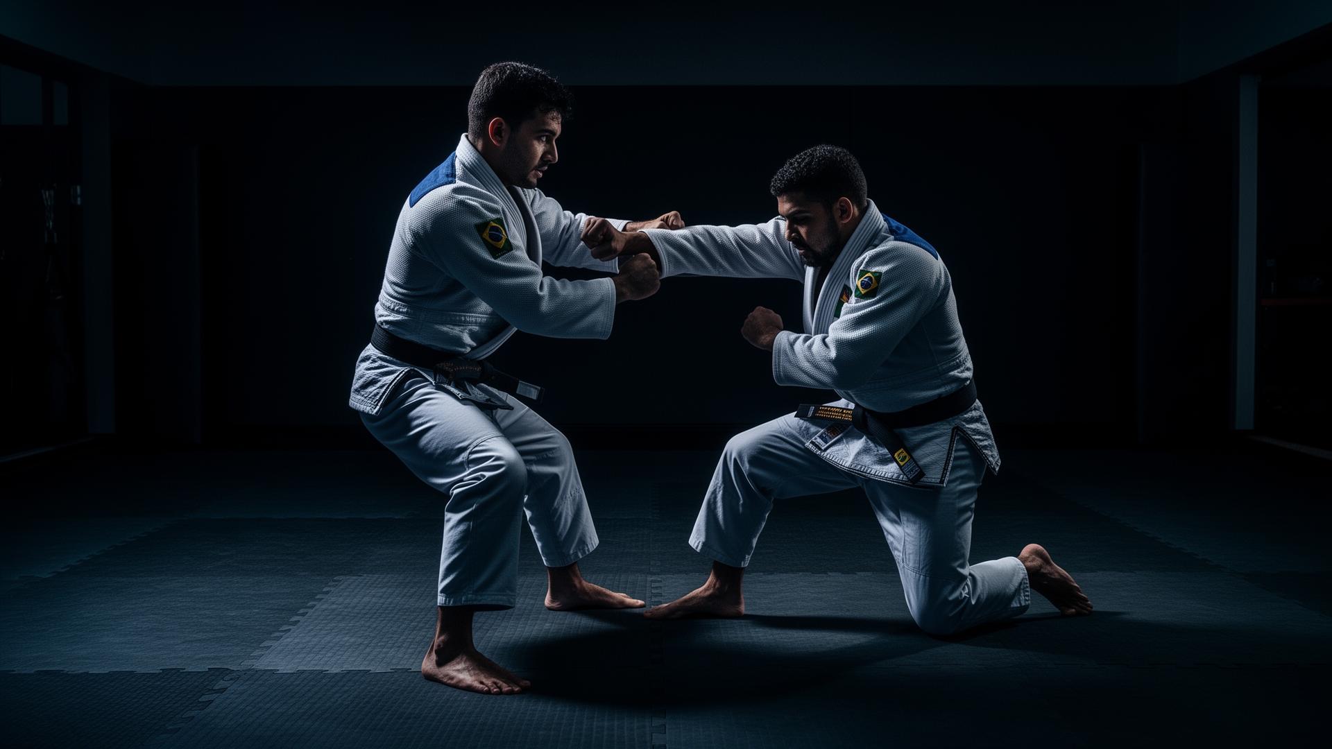 Atletas de Jiu-Jitsu treinando no tatame da Escola Abisai